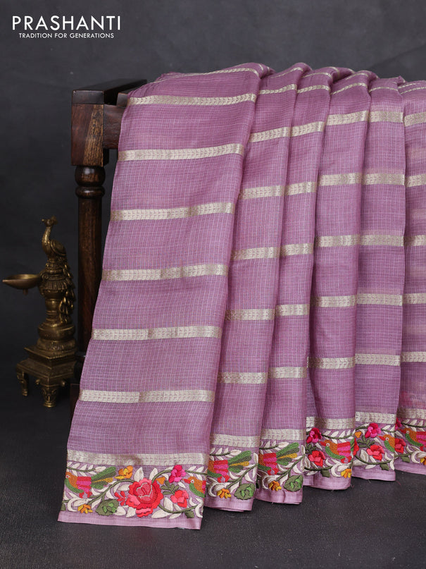 Silk kota saree lavender shade with allover zari weaves and embroidery work border