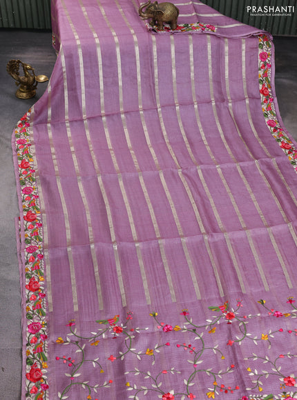 Silk kota saree lavender shade with allover zari weaves and embroidery work border
