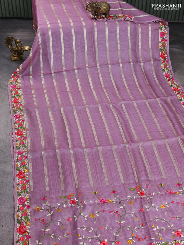Silk kota saree lavender shade with allover zari weaves and embroidery work border