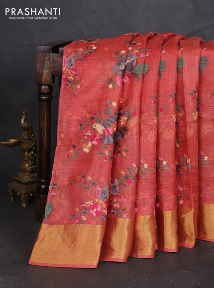 Silk kota saree dark peach with allover embroidery work and zari woven border