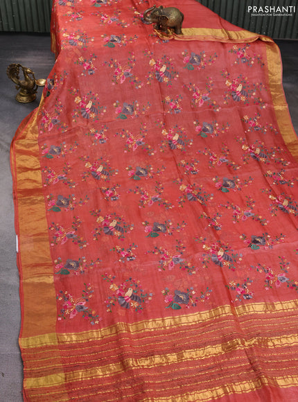 Silk kota saree dark peach with allover embroidery work and zari woven border