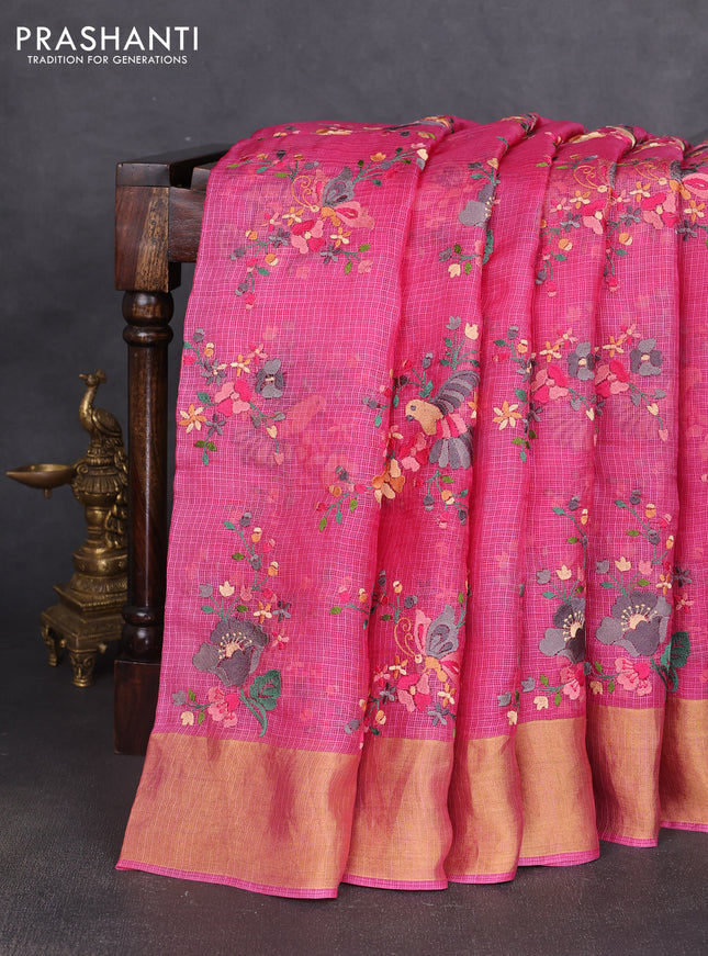 Silk kota saree pink with allover embroidery work and zari woven border