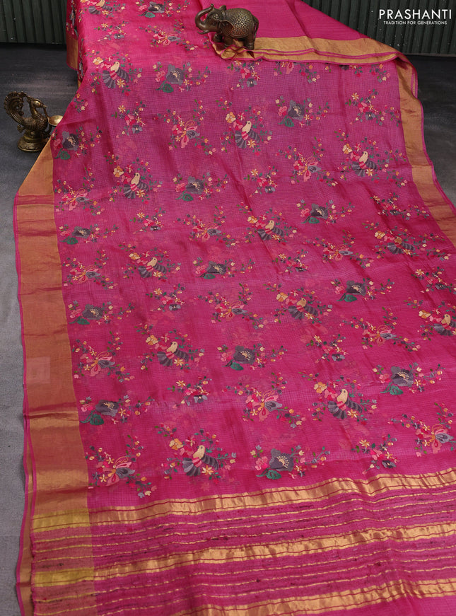 Silk kota saree pink with allover embroidery work and zari woven border