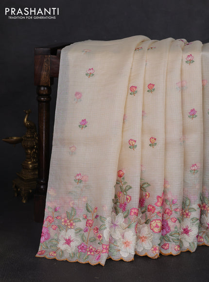 Silk kota saree cream with embroidery work buttas and floral embroidery work border