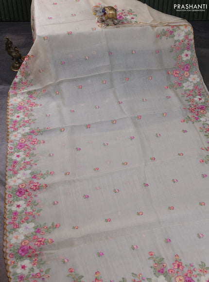 Silk kota saree cream with embroidery work buttas and floral embroidery work border