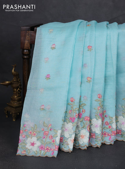 Silk kota saree light blue with embroidery work buttas and floral embroidery work border