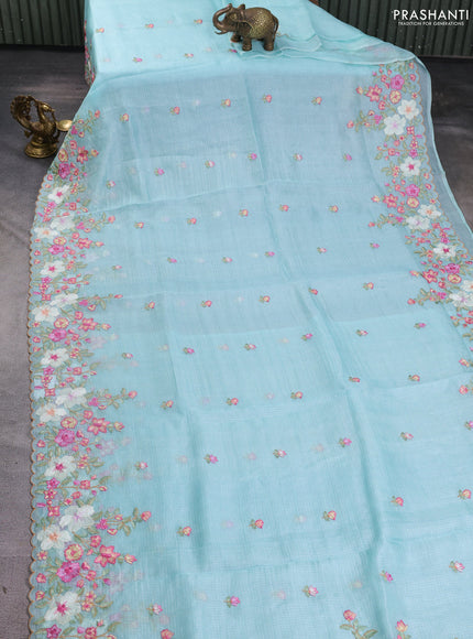 Silk kota saree light blue with embroidery work buttas and floral embroidery work border
