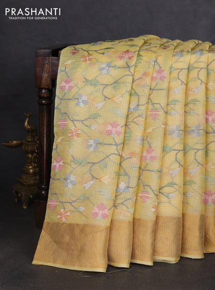 Silk kota saree yellow with allover embroidery work and zari woven border