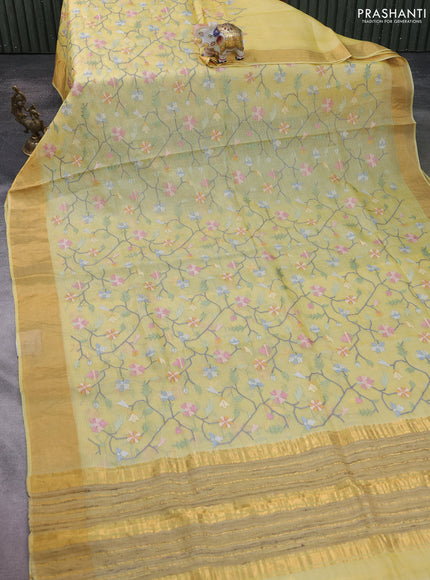 Silk kota saree yellow with allover embroidery work and zari woven border