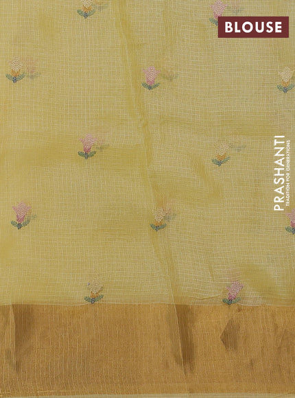 Silk kota saree yellow with allover embroidery work and zari woven border
