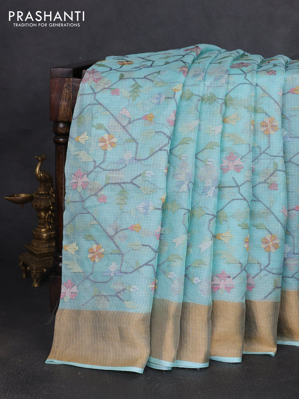 Silk kota saree light blue with allover embroidery work and zari woven border