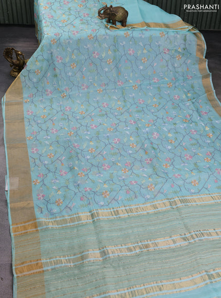 Silk kota saree light blue with allover embroidery work and zari woven border