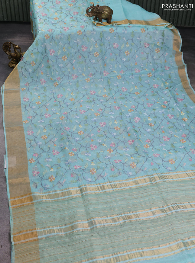 Silk kota saree light blue with allover embroidery work and zari woven border