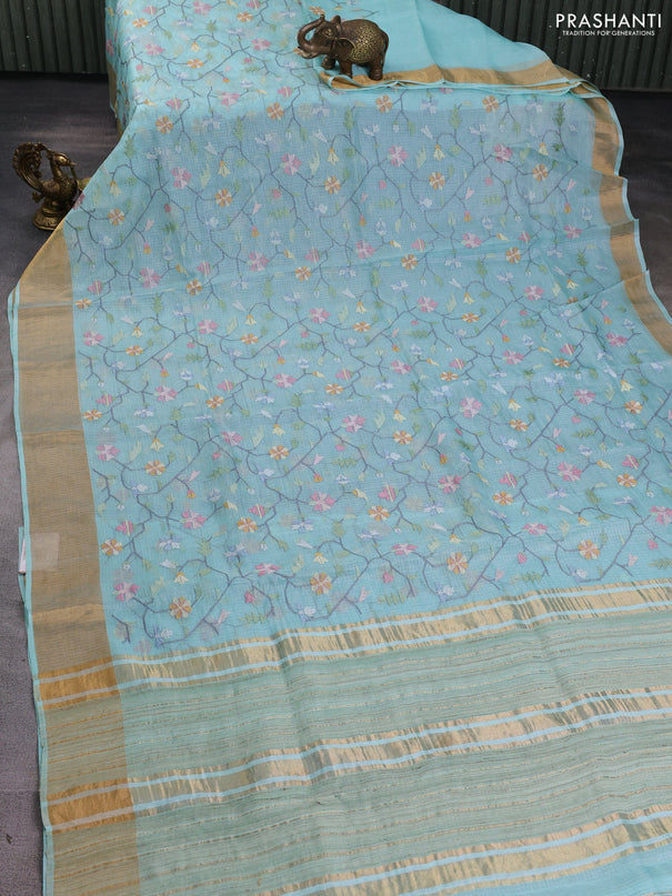 Silk kota saree light blue with allover embroidery work and zari woven border