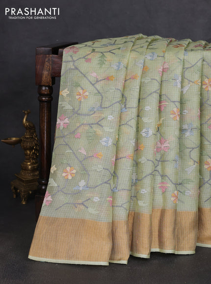 Silk kota saree pista green with allover embroidery work and zari woven border