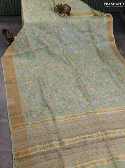 Silk kota saree pista green with allover embroidery work and zari woven border
