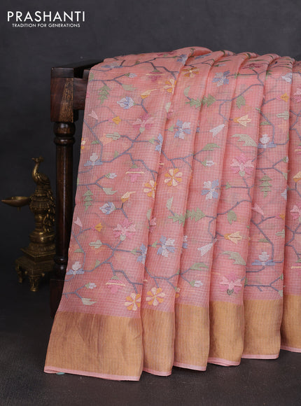 Silk kota saree peach orange with allover embroidery work and zari woven border