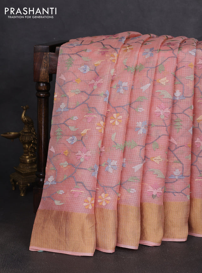 Silk kota saree peach orange with allover embroidery work and zari woven border