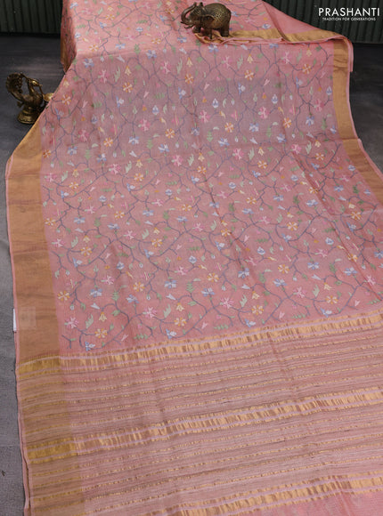 Silk kota saree peach orange with allover embroidery work and zari woven border