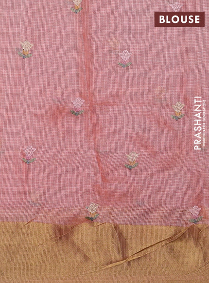Silk kota saree peach orange with allover embroidery work and zari woven border