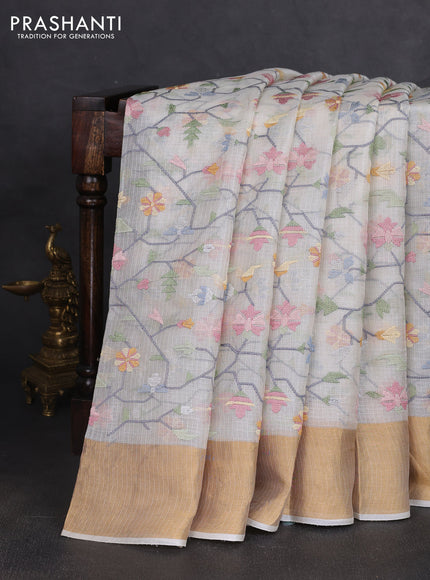 Silk kota saree off white with allover embroidery work and zari woven border
