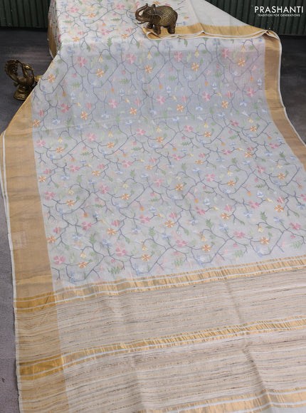 Silk kota saree off white with allover embroidery work and zari woven border