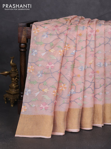 Silk kota saree peach shade with allover embroidery work and zari woven border