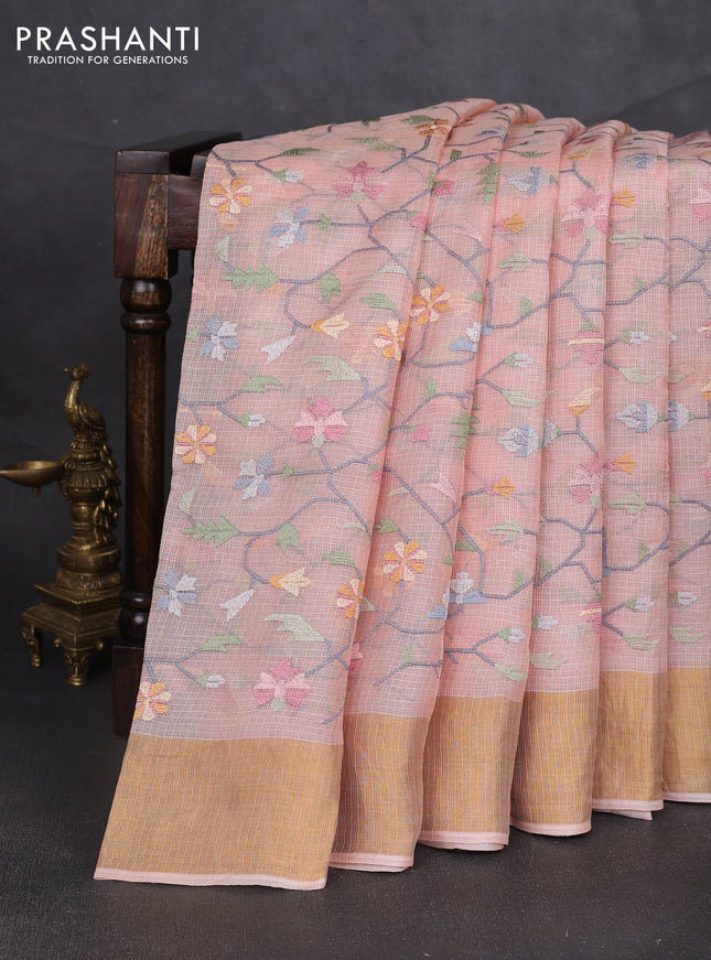 Silk kota saree peach shade with allover embroidery work and zari woven border