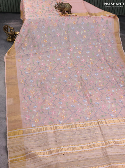 Silk kota saree peach shade with allover embroidery work and zari woven border