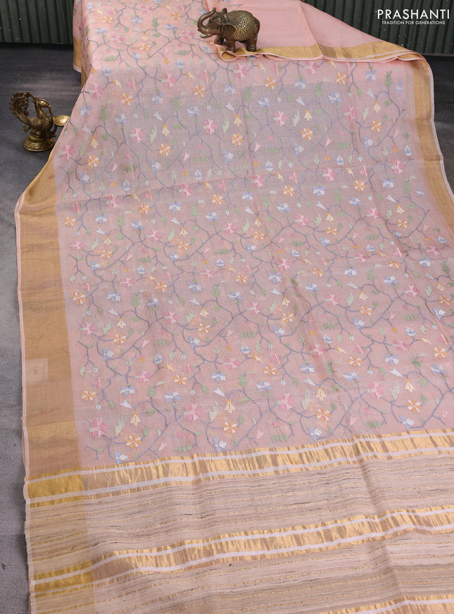 Silk kota saree peach shade with allover embroidery work and zari woven border
