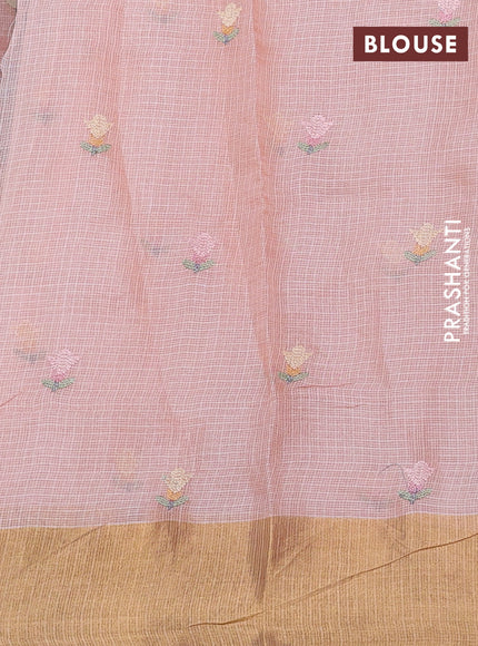 Silk kota saree peach shade with allover embroidery work and zari woven border
