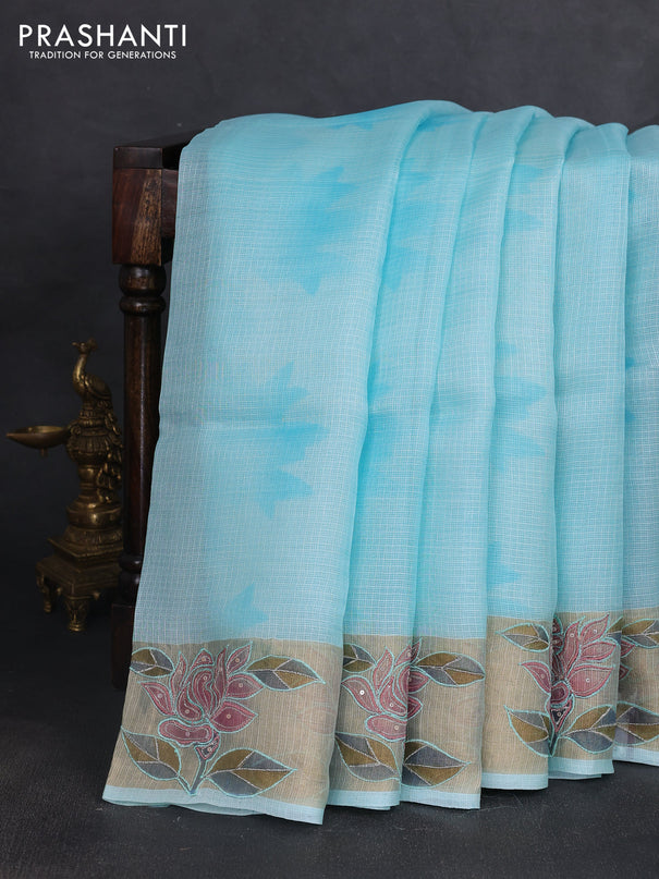 Silk kota saree light blue with prints and zari woven embroidery border