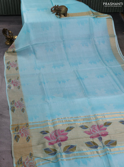 Silk kota saree light blue with prints and zari woven embroidery border