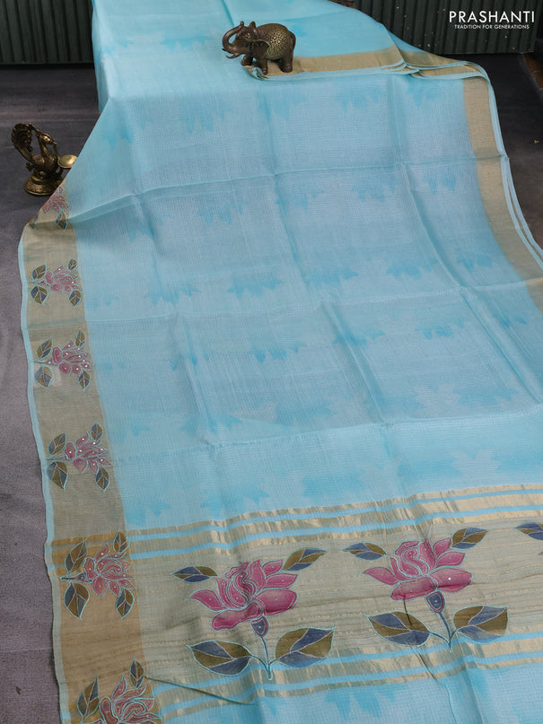 Silk kota saree light blue with prints and zari woven embroidery border