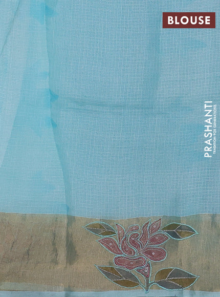 Silk kota saree light blue with prints and zari woven embroidery border