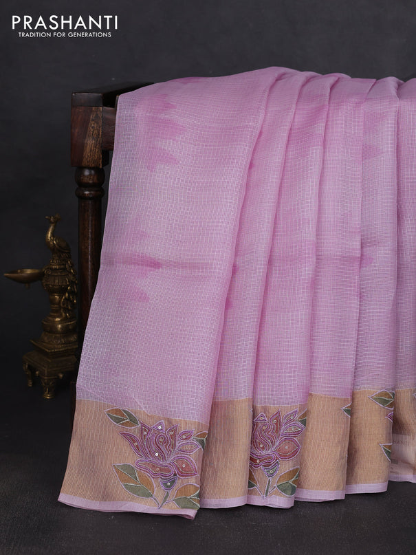 Silk kota saree lavender with prints and zari woven embroidery border