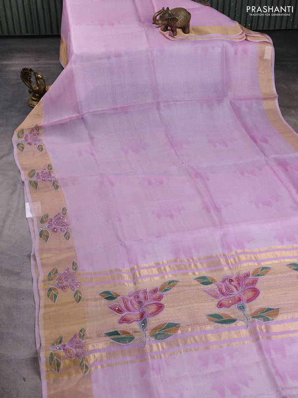 Silk kota saree lavender with prints and zari woven embroidery border