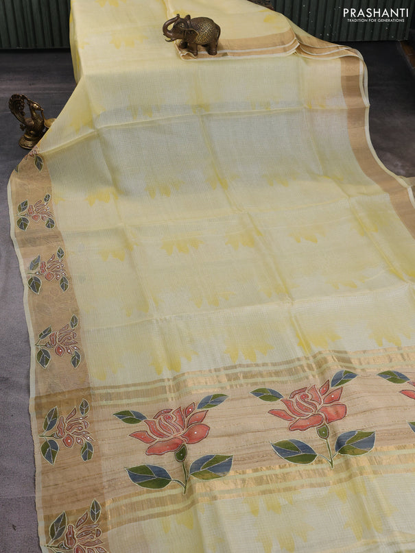Silk kota saree pale yellow with prints and zari woven embroidery border
