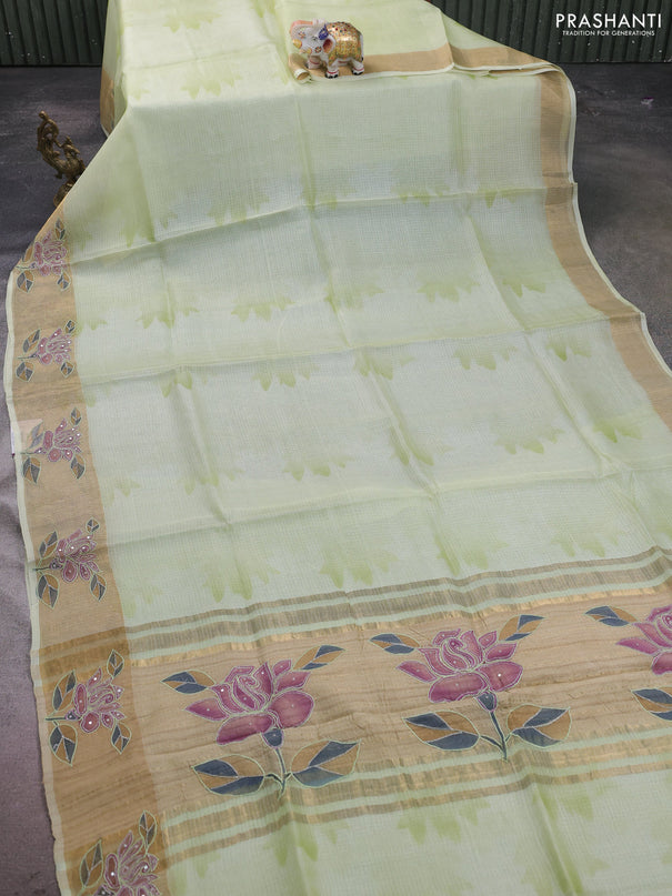 Silk kota saree pista green with prints and zari woven embroidery border
