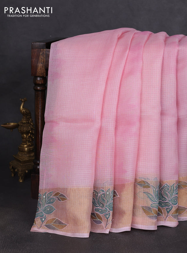 Silk kota saree light pink with prints and zari woven embroidery border