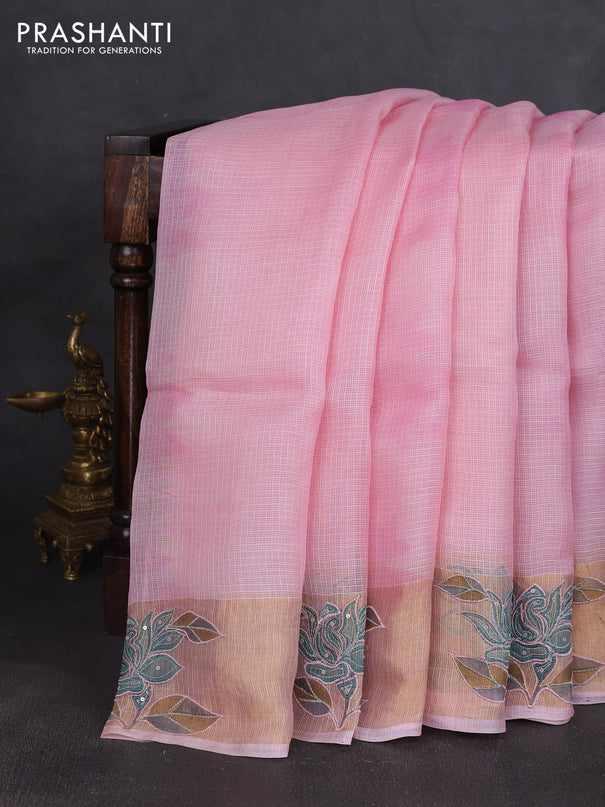 Silk kota saree light pink with prints and zari woven embroidery border