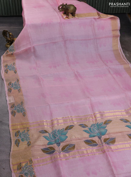 Silk kota saree light pink with prints and zari woven embroidery border