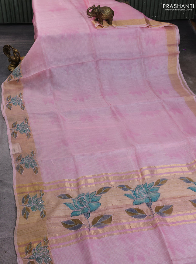 Silk kota saree light pink with prints and zari woven embroidery border