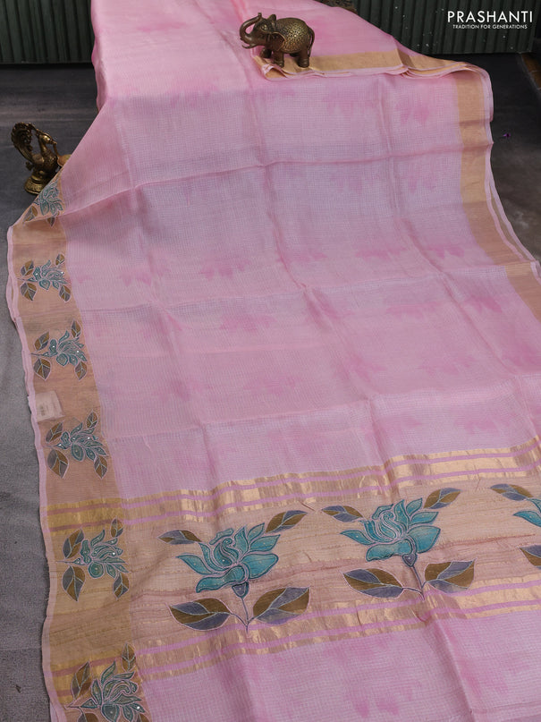 Silk kota saree light pink with prints and zari woven embroidery border