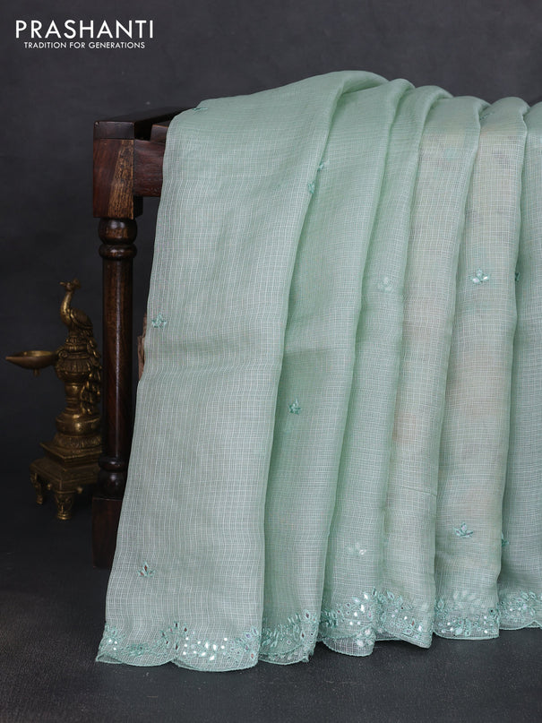 Silk kota saree pastel green and cream with mirror embroidery buttas and mirror embroidery work border