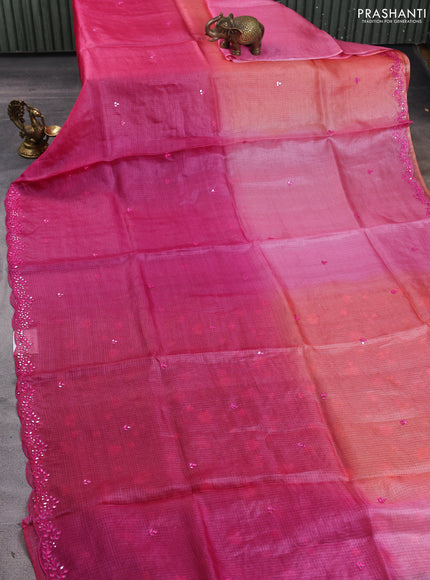 Silk kota saree dark peach and magenta pink with mirror embroidery buttas and mirror embroidery work border
