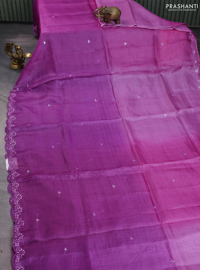 Silk kota saree purple with mirror embroidery buttas and mirror embroidery work border