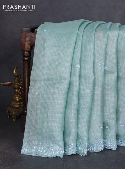 Silk kota saree pastel blue and cream with mirror embroidery buttas and mirror embroidery work border