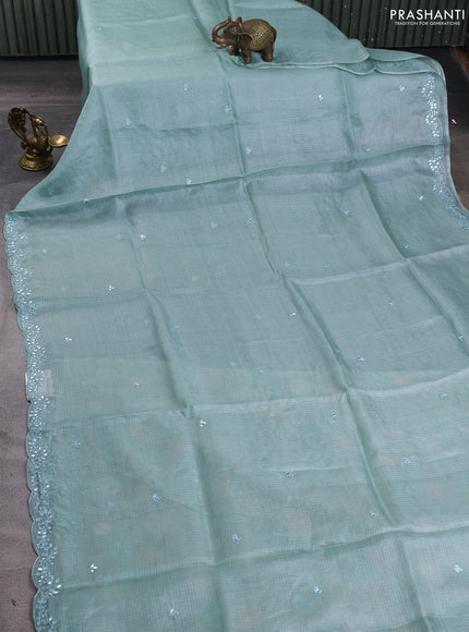 Silk kota saree pastel blue and cream with mirror embroidery buttas and mirror embroidery work border