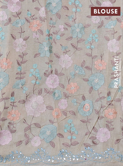 Silk kota saree pastel blue and cream with mirror embroidery buttas and mirror embroidery work border